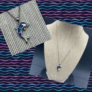 Hawaiian Opal Dolphin Necklace Pendant Silver Blue Purple Inlay Beach Ocean